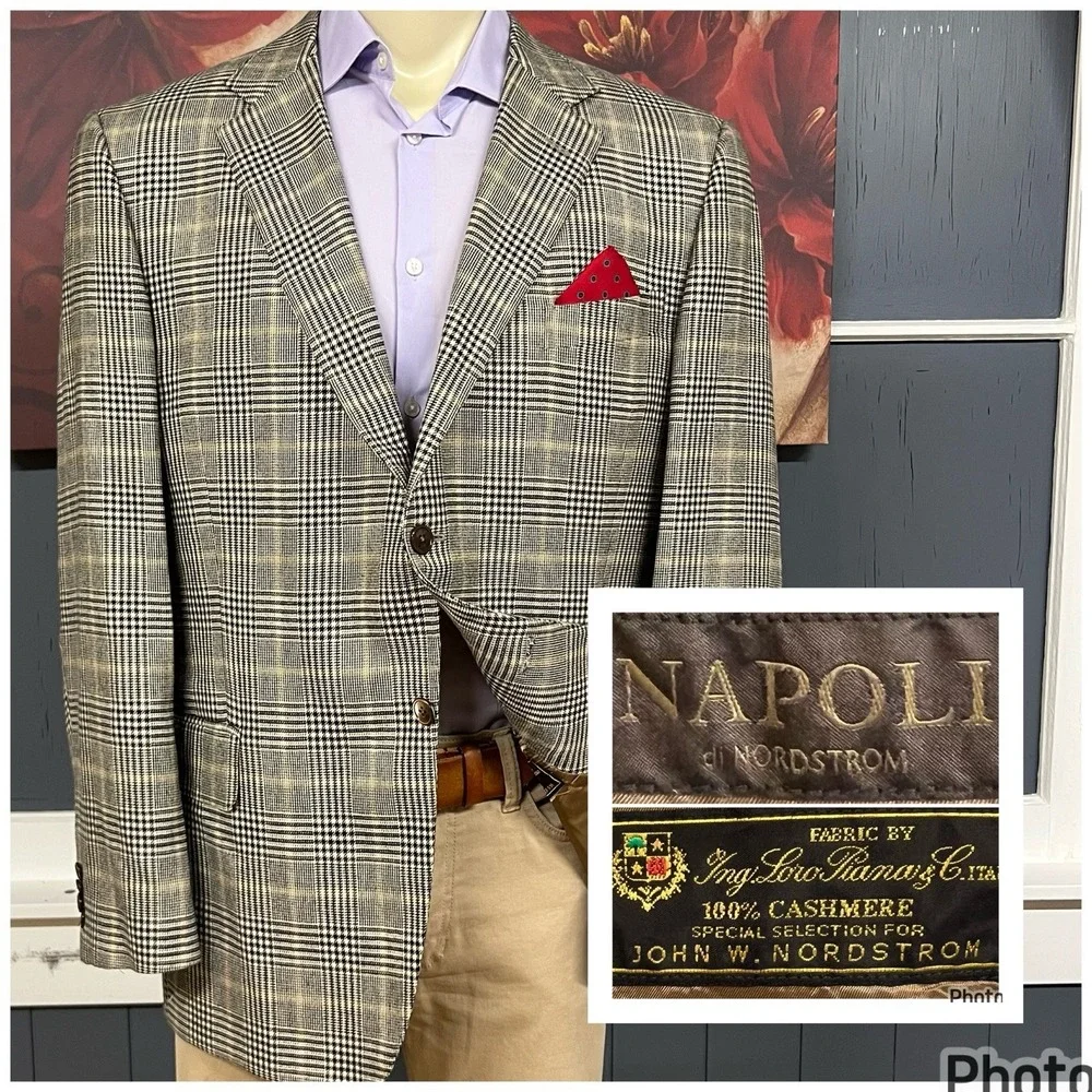 John W. Nordstrom Cashmere Blazer Jacket Sport Coat Mens 46R Cream/Brown/Black